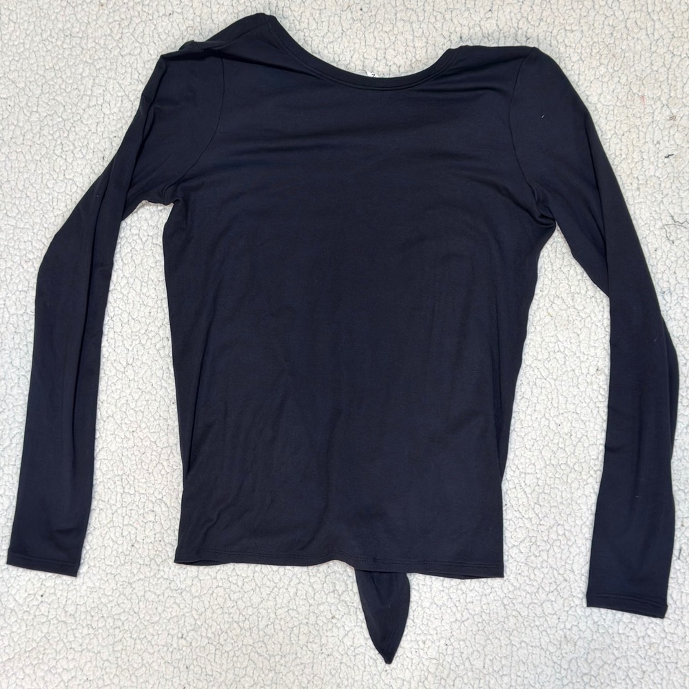 Spanx Top Long Sleeve Womens XS Black Jersey Front Tie Knot V-Neck Minimalist